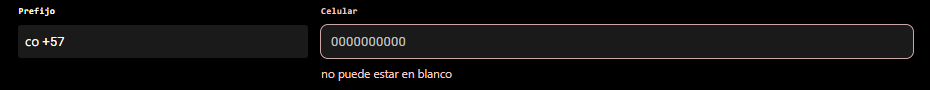 Campo de prefijo de país del formulario de Somos junto al campo de celular, con un selector genérico en vez de +57 fijo.